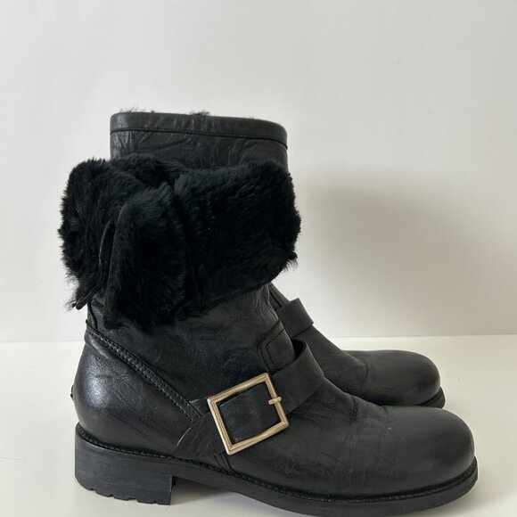JIMMY CHOO Leather Faux Fur Trim Moto Boots - Picture 2 of 5